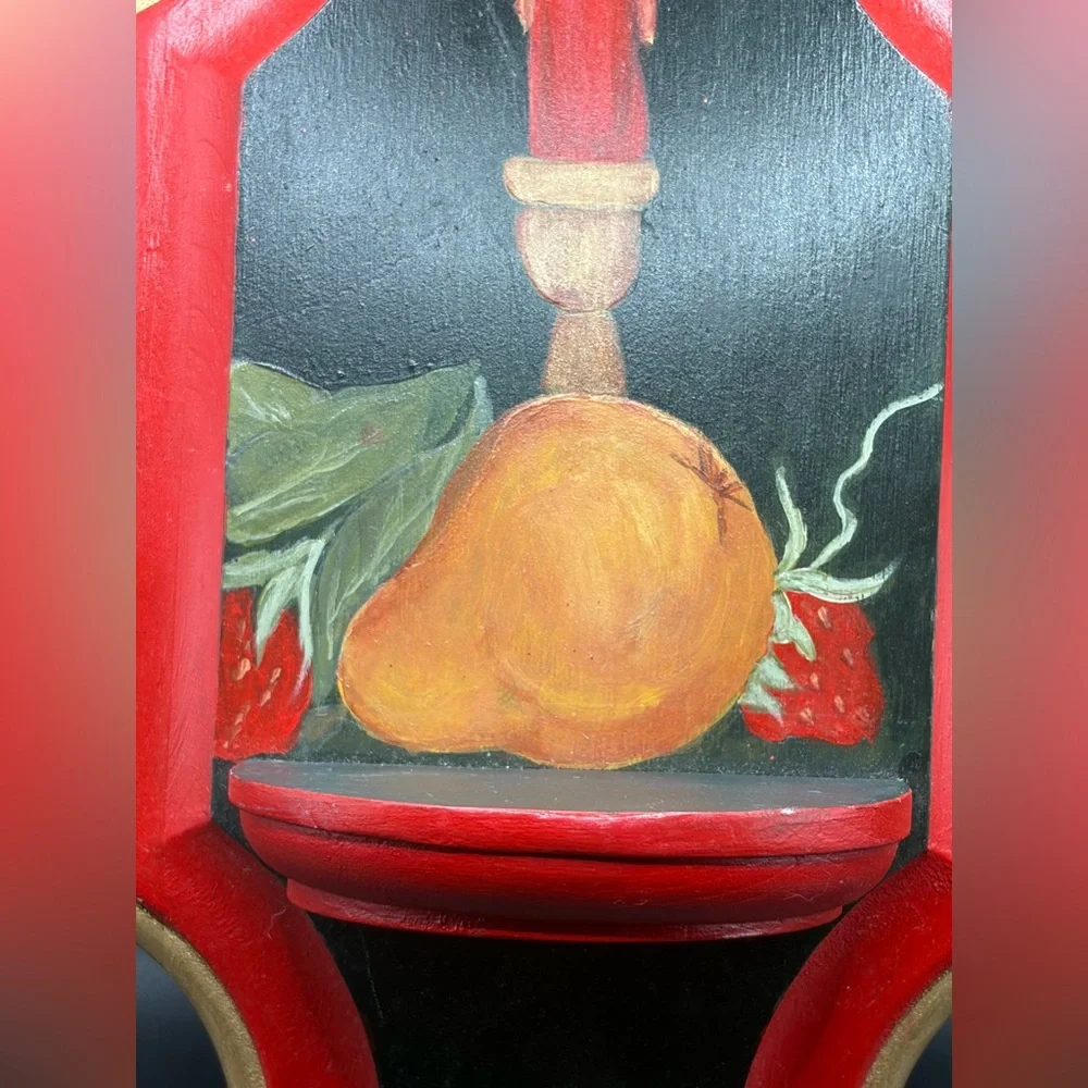 Vintage Hand Painted Artist Signed Wood Wall Shelf, Candle Strawberry Pear Motif